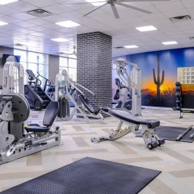 a room with exercise equipment and yoga balls